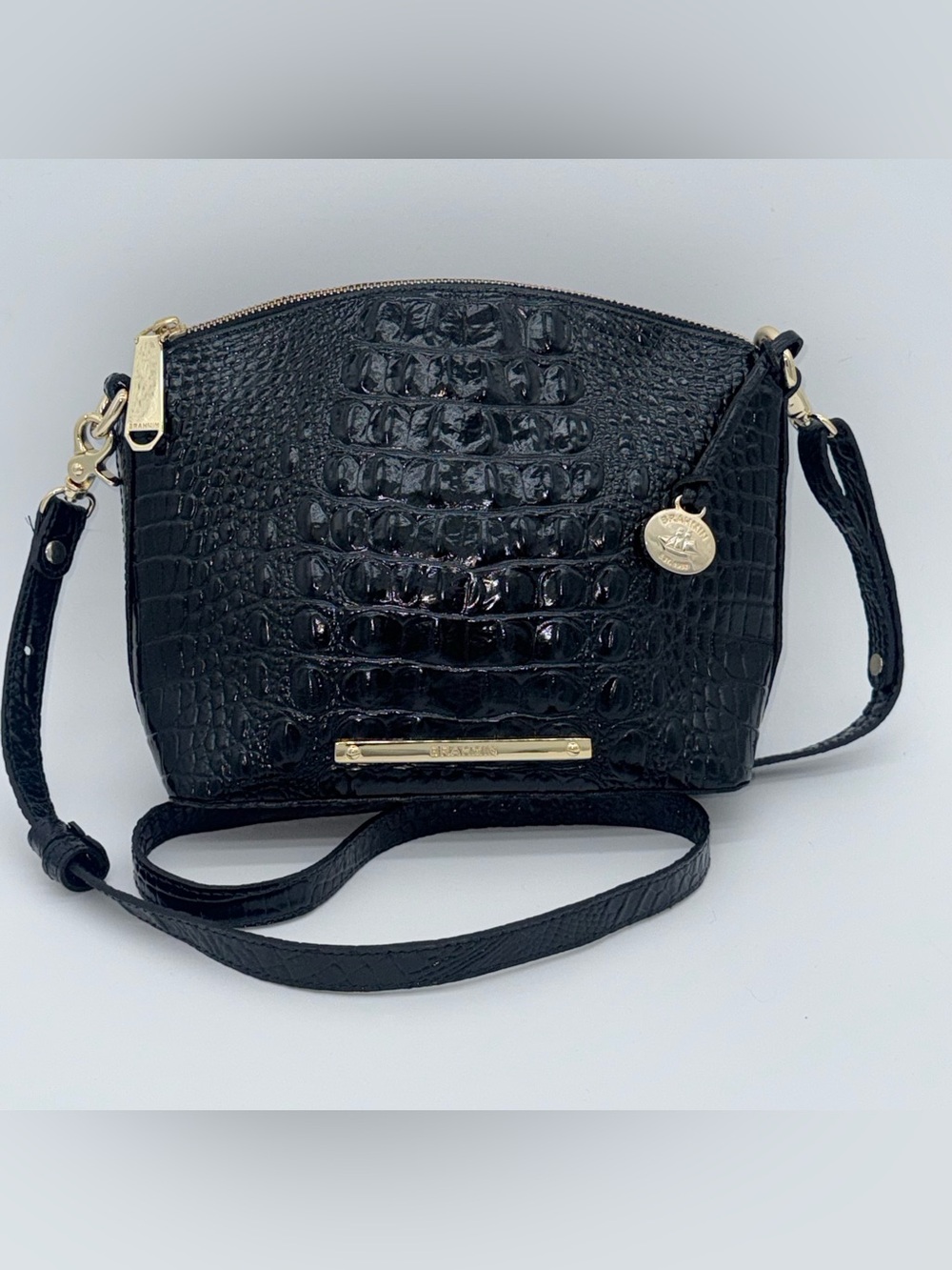 Brahmin Melbourne Black Embossed Leather Crossbody Shoulder Bag Gold Hardware